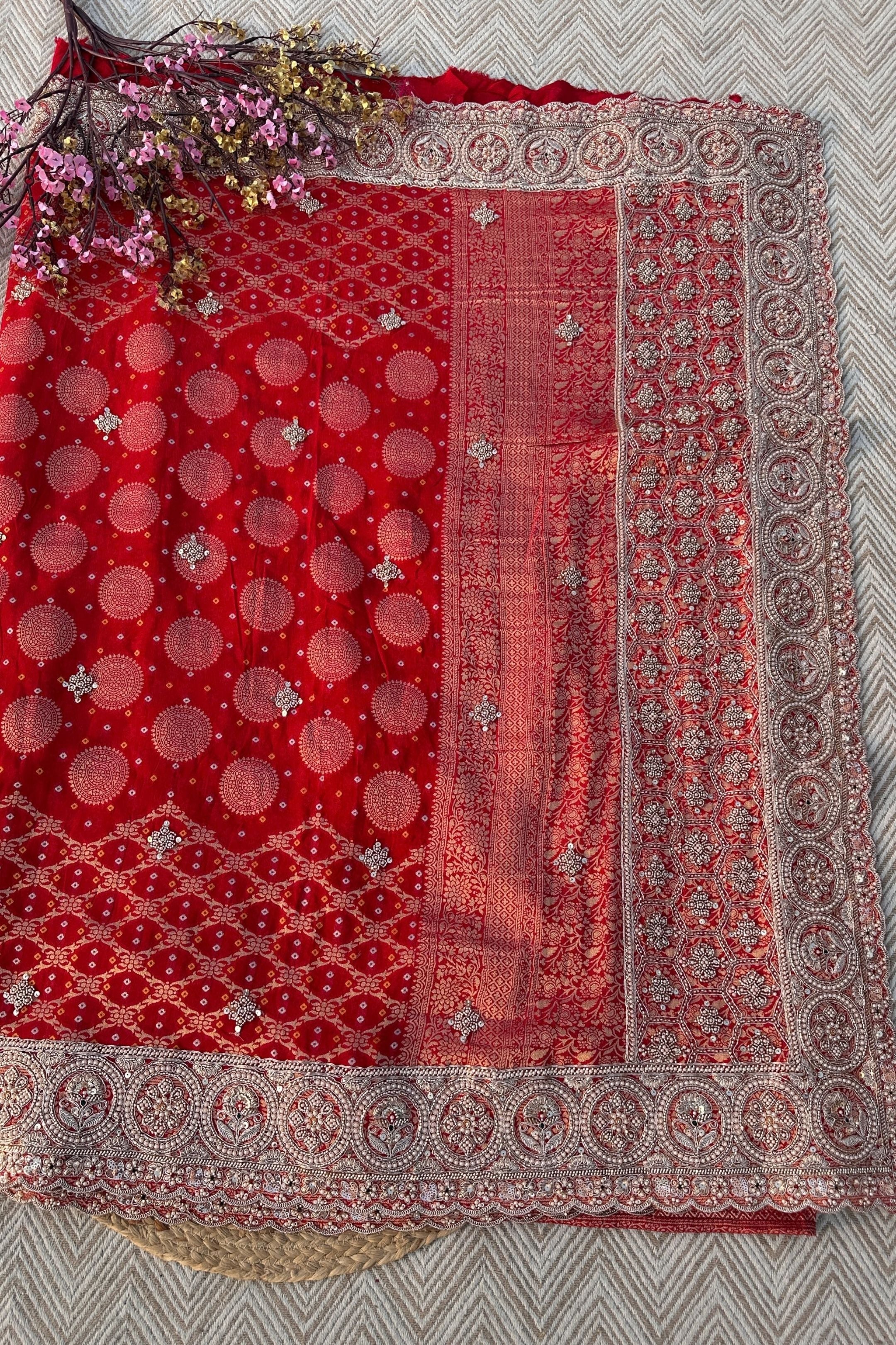 Red Rani Georgette Unstitched Saree Embellished With Zari, Moti, Sequins & Cutdana Work